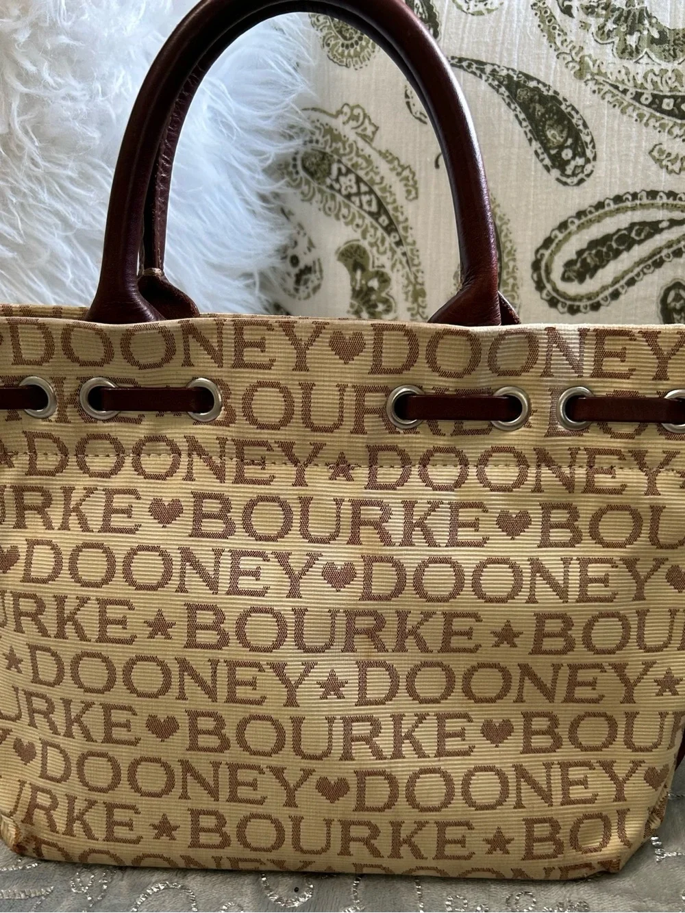 NEW  & Bourke Small Tassle Tan and Brown Logo Jacquard Tote with Leather Trim